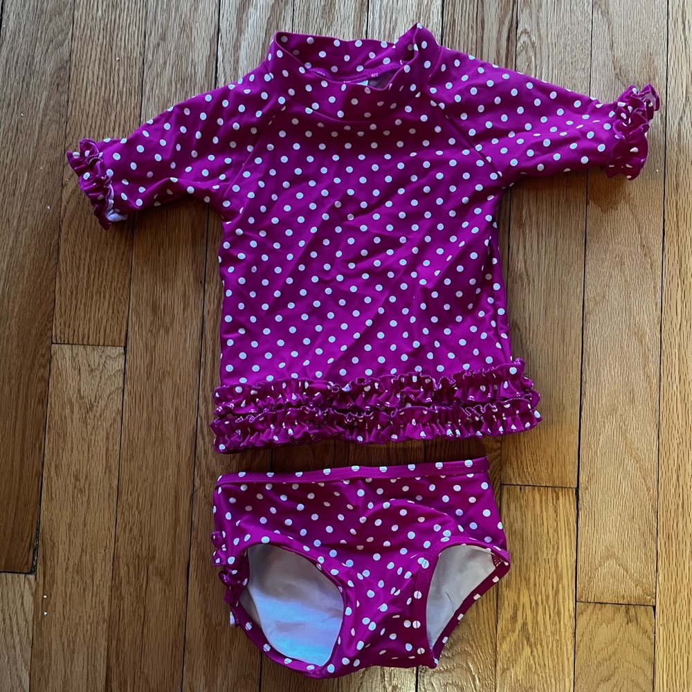 Ruffle Butts Pink Polka Dot Swim Rashguard Set